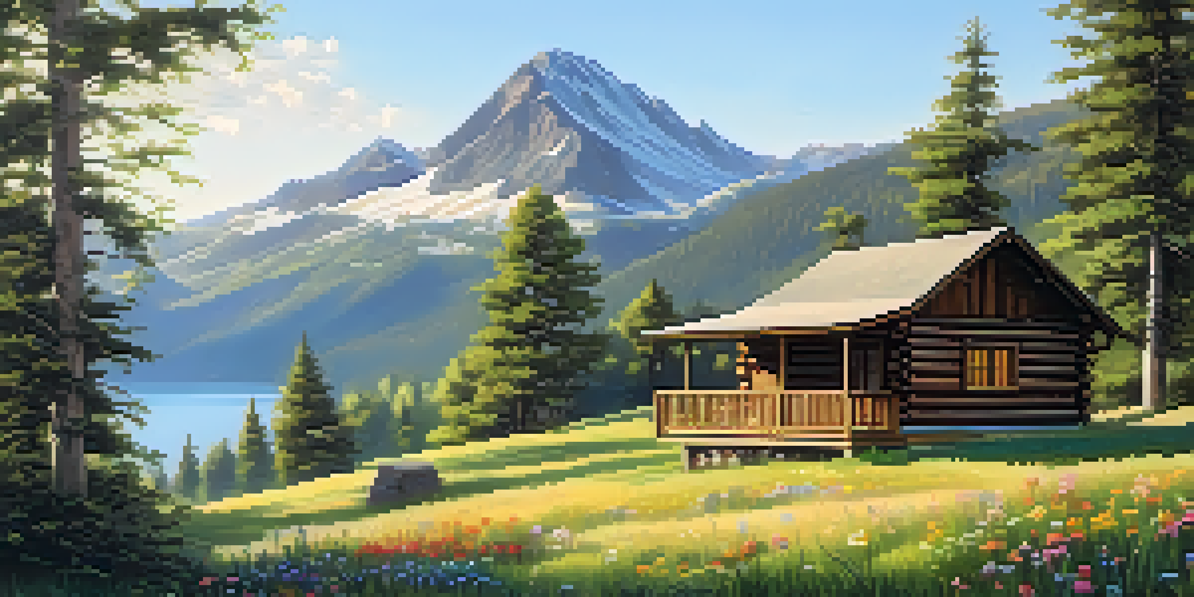 A scenic view of a mountain landscape with colorful wildflowers and a cozy cabin, under a bright blue sky.