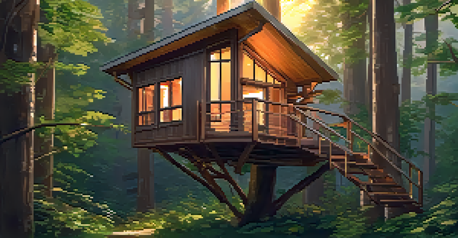 A charming treehouse Airbnb surrounded by lush forest, illuminated by warm lights.