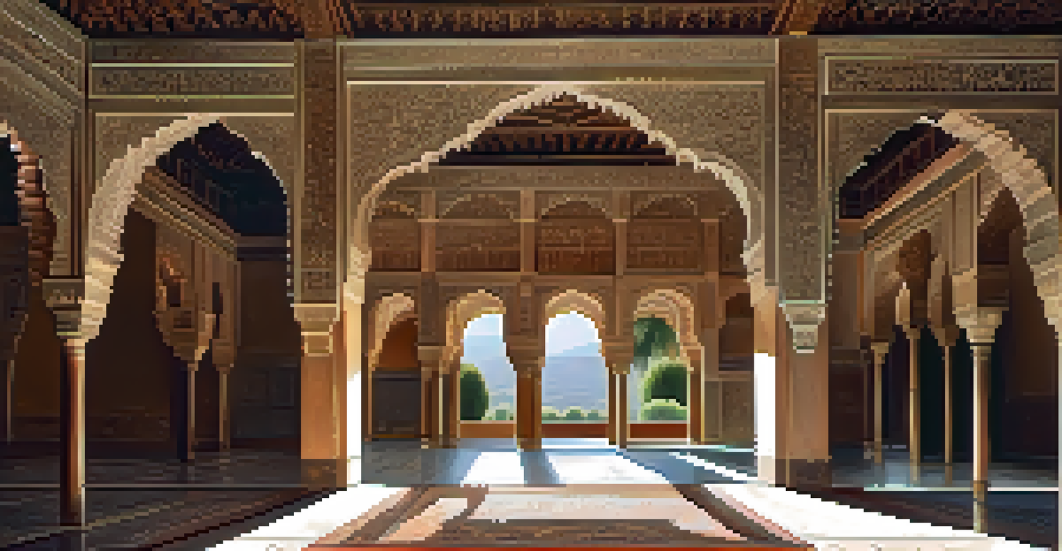 An interior view of the Hall of the Ambassadors in the Alhambra, highlighting the ornate wooden ceilings and stucco work, illuminated by soft light.