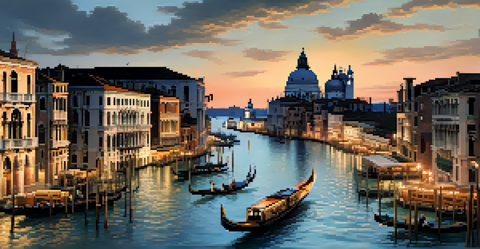 An aerial view of Venice's Grand Canal at dusk, highlighting the warm lights of buildings and gondolas on the water.