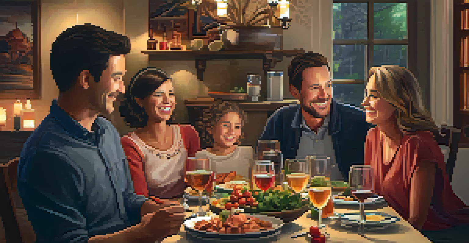 A family gathering indoors around a dining table filled with food, with members of various ages enjoying each other's company in a warm and inviting atmosphere.