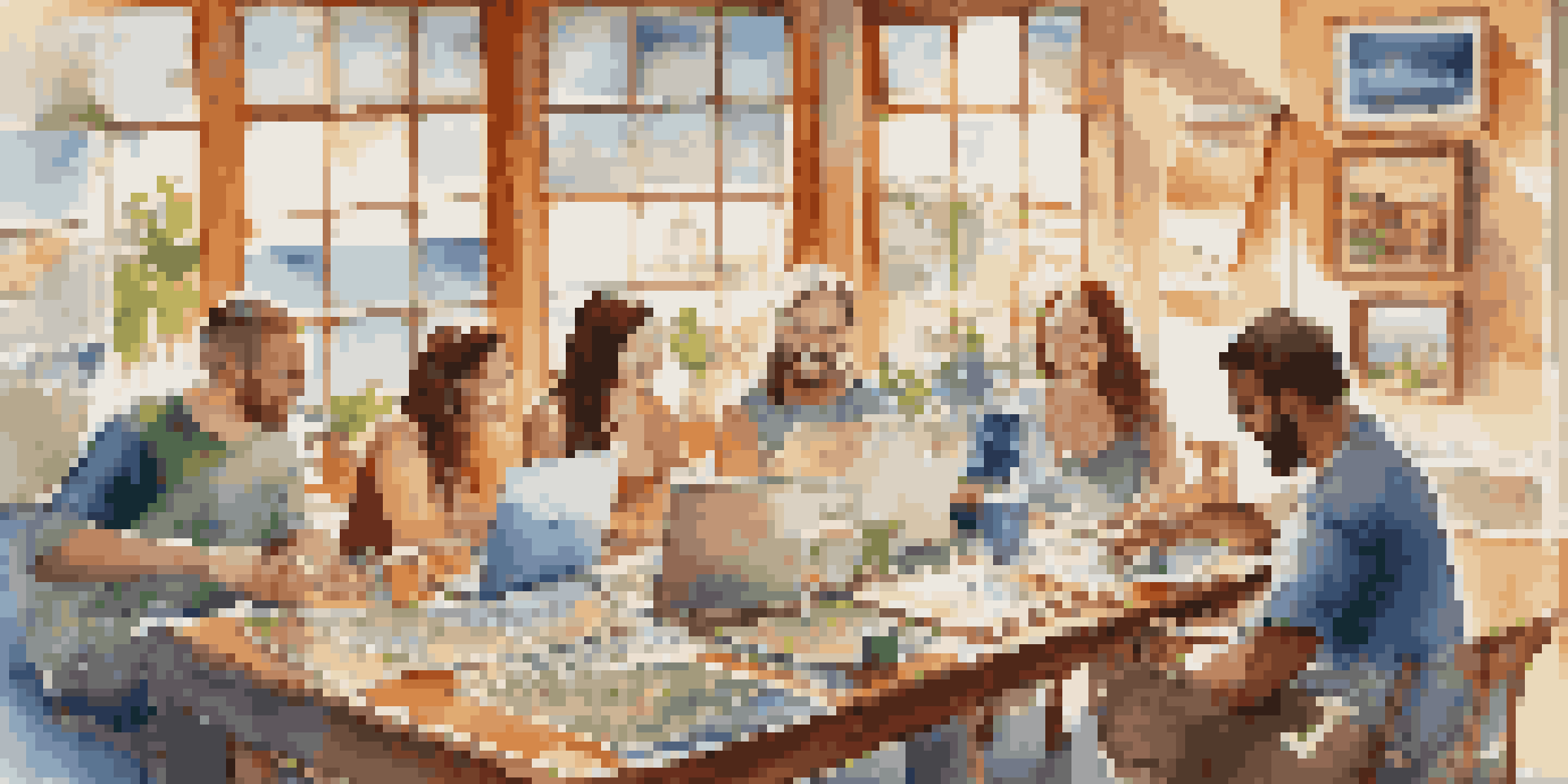 A diverse group of travelers discussing travel plans at a table filled with maps and travel accessories, illuminated by soft sunlight.