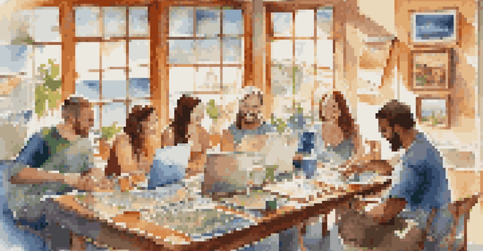 A diverse group of travelers discussing travel plans at a table filled with maps and travel accessories, illuminated by soft sunlight.