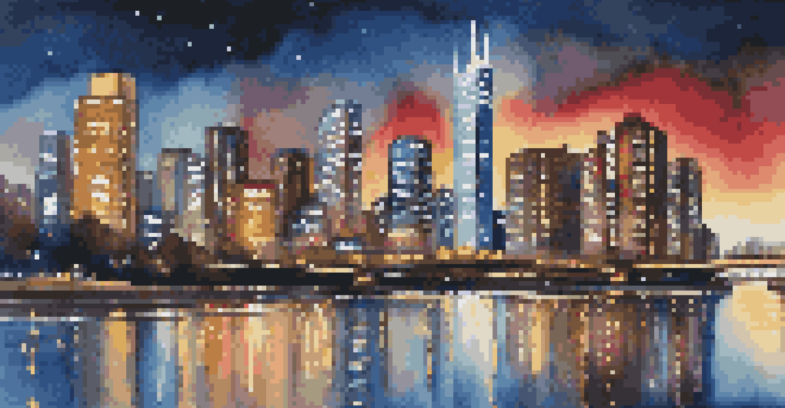 A modern skyscraper glowing at night with city lights reflecting on a river, featuring light trails from cars.