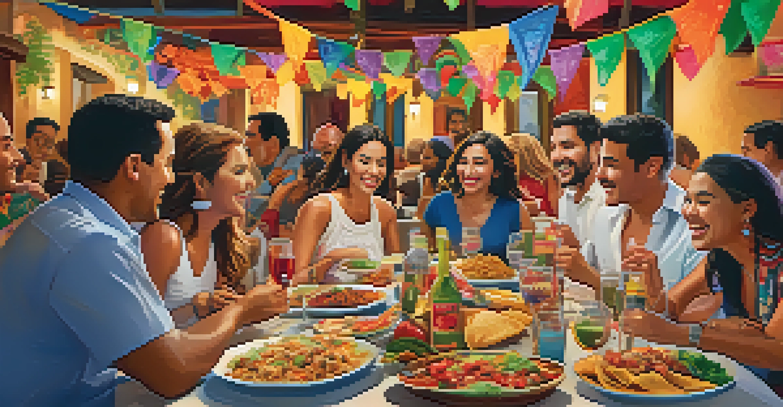 A long table filled with various Latin American dishes, with guests enjoying a lively meal together in a colorful setting.