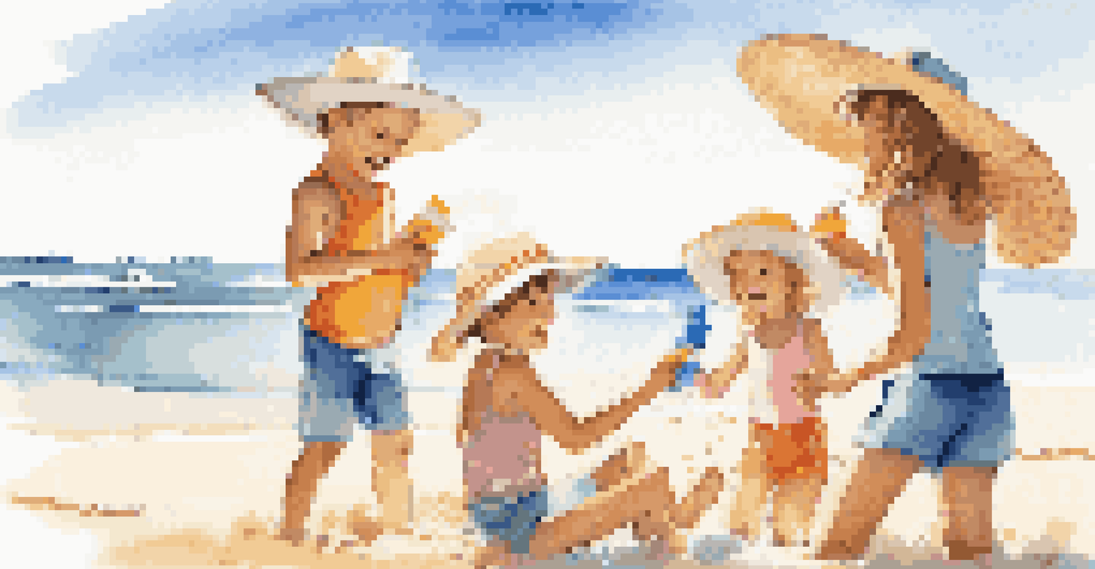 A family at the beach with children applying sunscreen, wearing hats, and enjoying a sunny day.