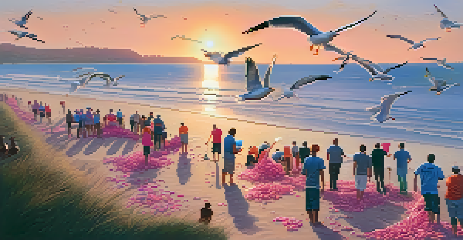 Volunteers participating in a beach cleanup at sunset, picking up trash along the shoreline with vibrant colors in the sky.