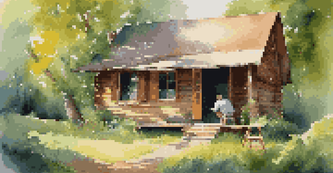 An artist painting in front of a rustic cabin in a lush green forest, with sunlight filtering through the trees.