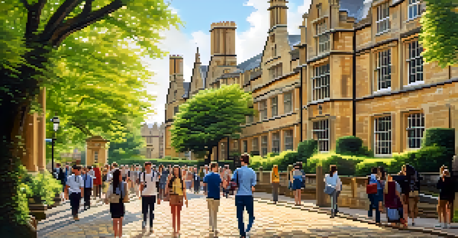 A traditional university in the UK with historic architecture, students walking on cobblestone paths, and lush greenery.