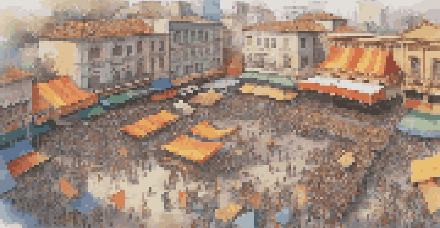 Aerial view of a crowded urban square during a festival, with colorful banners, food stalls, and people enjoying various activities.