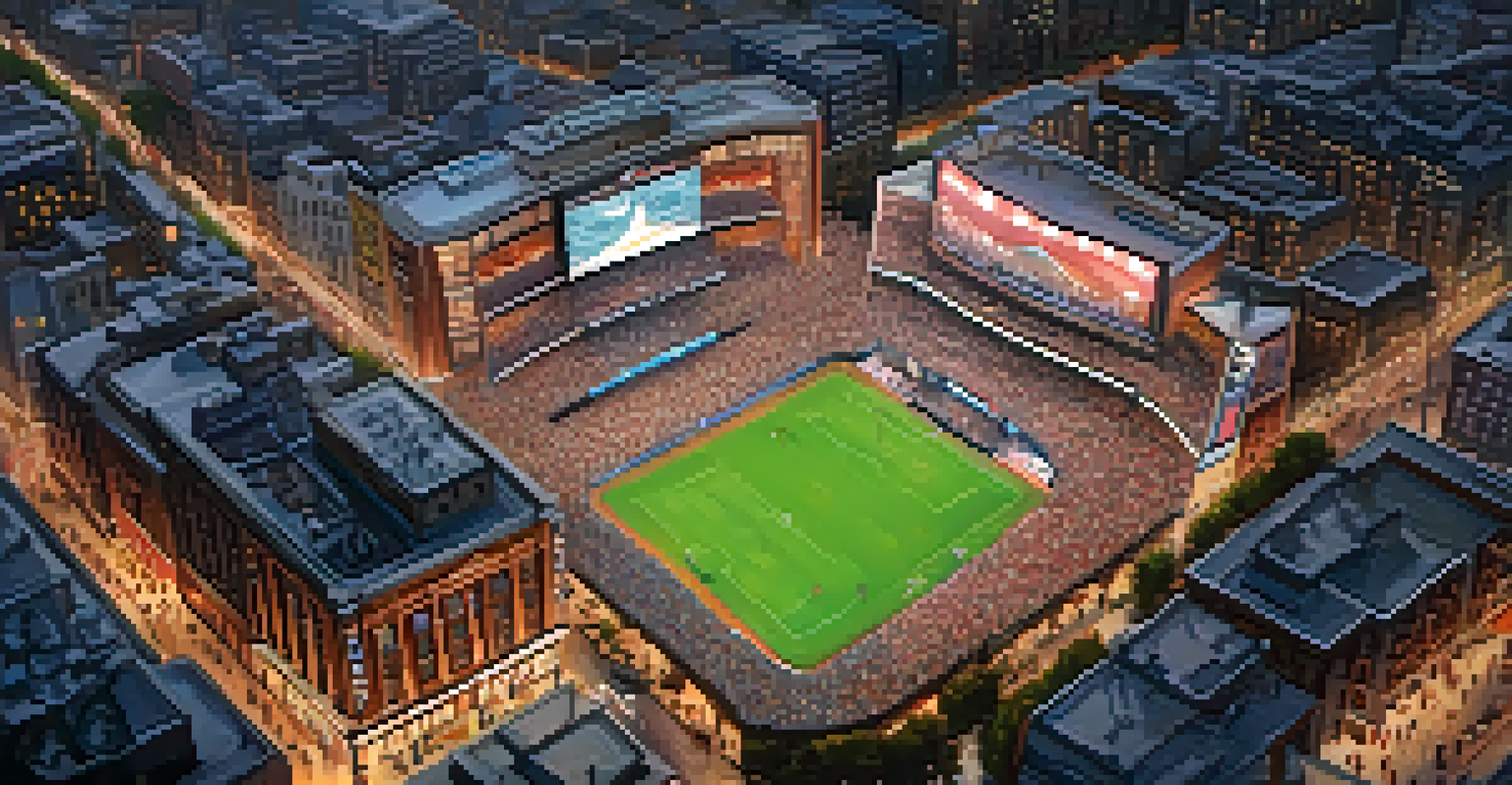 Aerial view of a city with a major sports venue and fans arriving, showcasing vibrant city lights and a festive atmosphere.