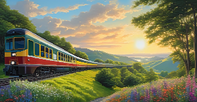 A train moving through a picturesque countryside, surrounded by greenery and flowers, under a sunny sky.