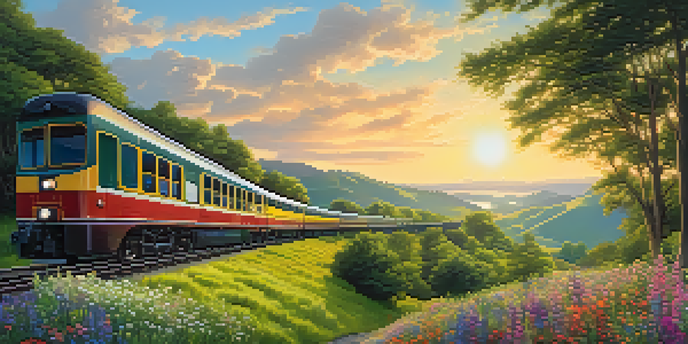 A train moving through a picturesque countryside, surrounded by greenery and flowers, under a sunny sky.