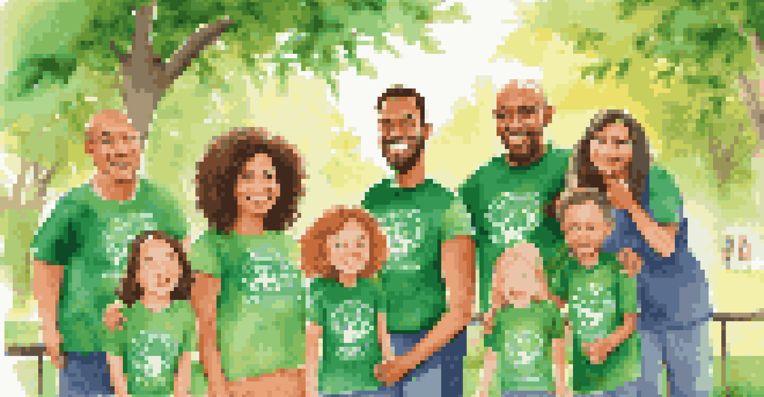 A family wearing matching custom t-shirts, smiling together in an outdoor park setting.