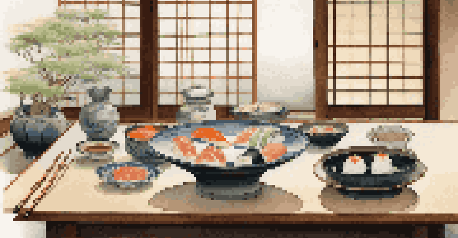 A traditional Japanese dining table featuring sushi, sashimi, and miso soup, with natural light coming through a shoji screen.