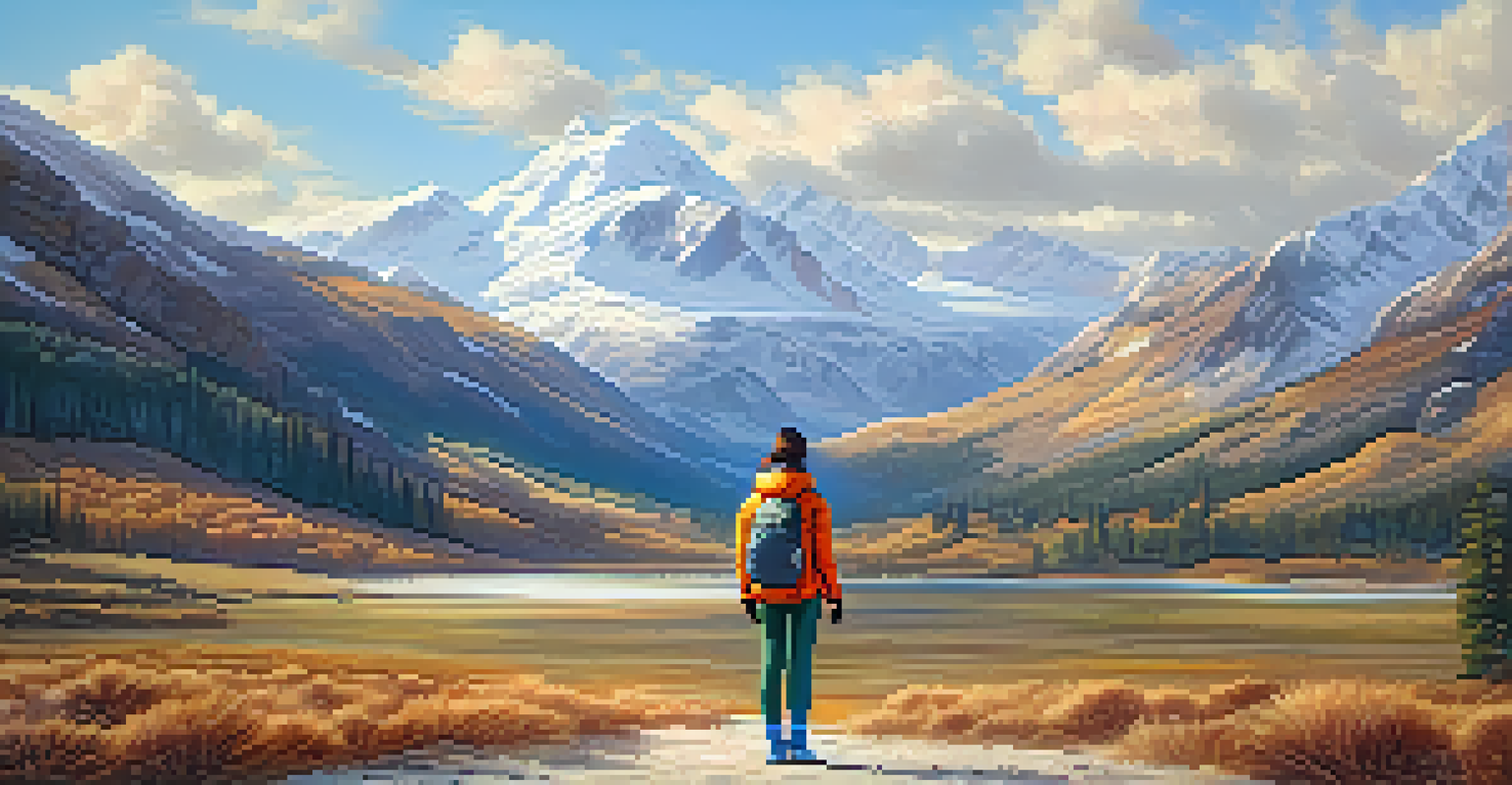 A traveler in a layered outfit with a down jacket and thermal leggings, set against a beautiful landscape.