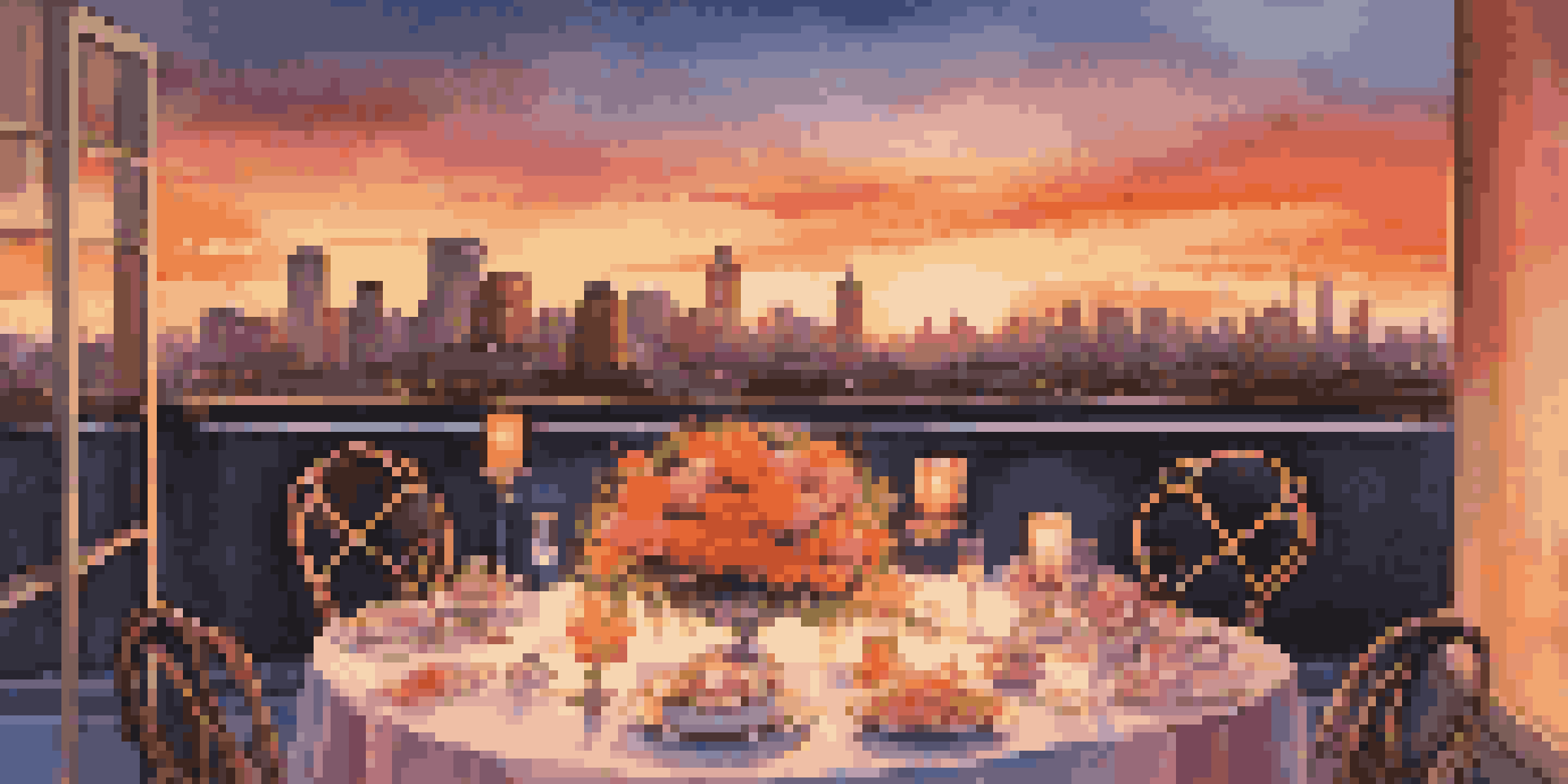 A beautifully set table for a romantic dinner on a rooftop with a sunset city skyline in the background.