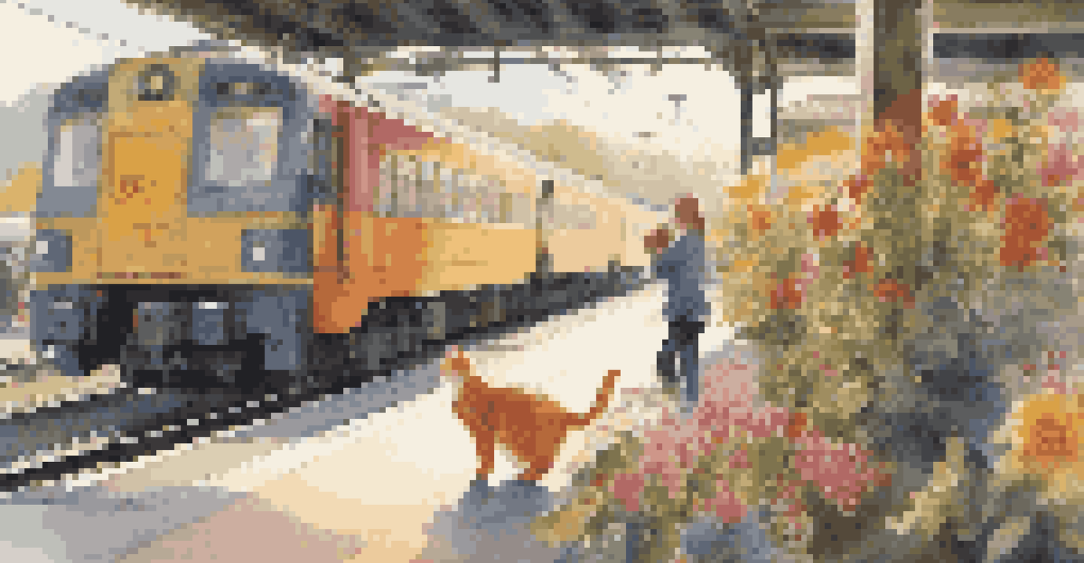 A pet owner kneeling next to a happy cat in a carrier at a vibrant train station.