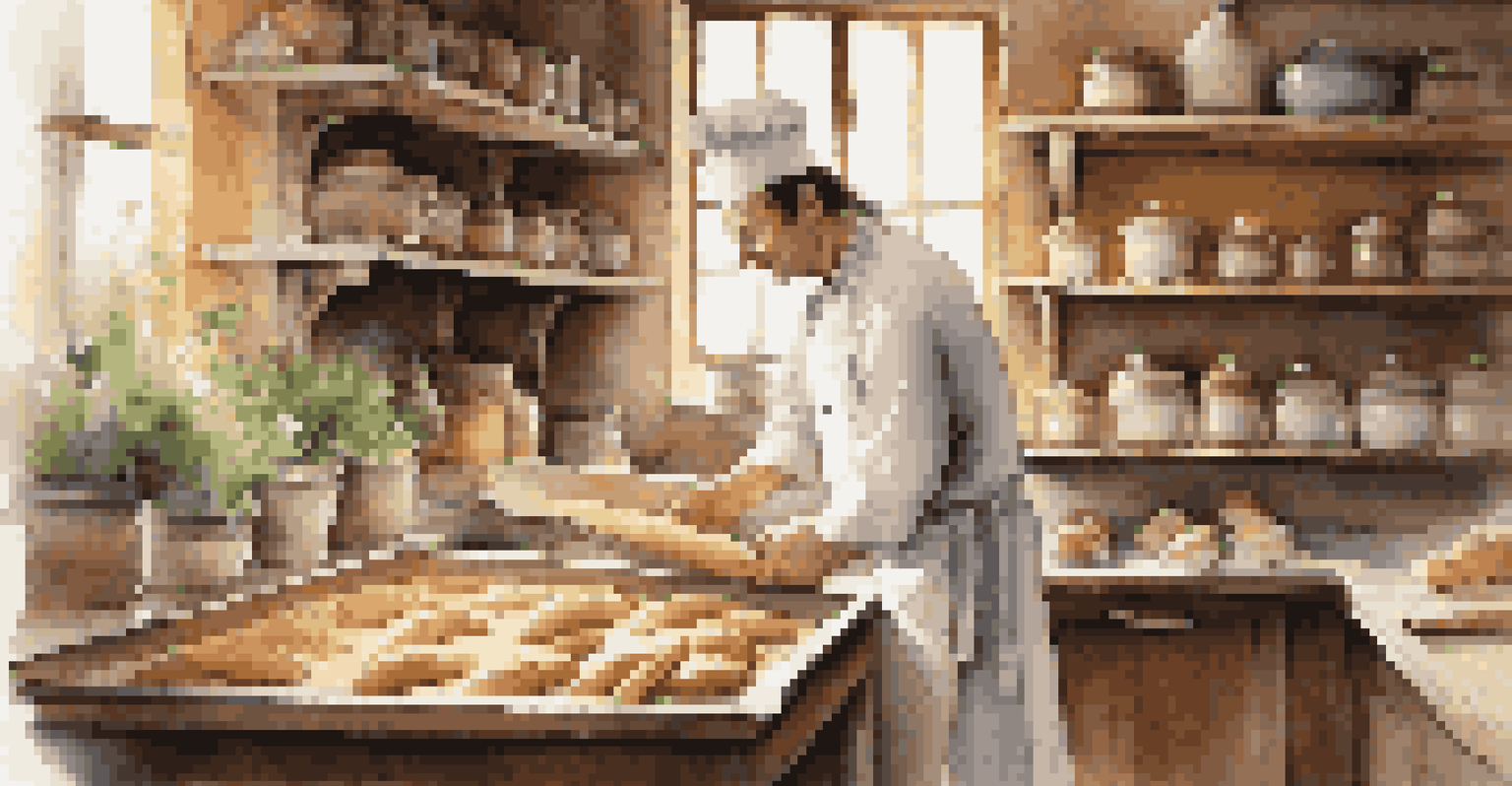 A warm and inviting Parisian kitchen where a chef is kneading dough for baguettes, surrounded by rustic kitchen items and natural light.