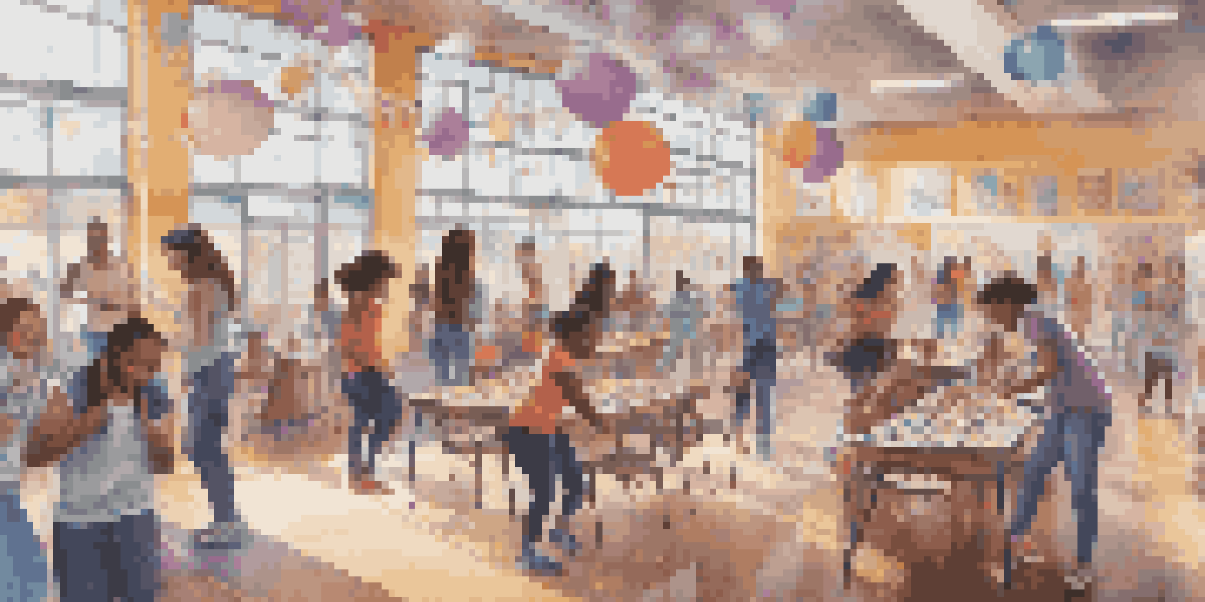 A lively community center with teens participating in art and games, showcasing a vibrant atmosphere.
