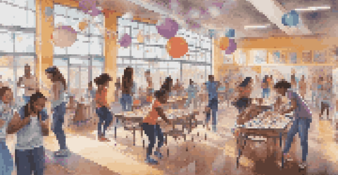 A lively community center with teens participating in art and games, showcasing a vibrant atmosphere.