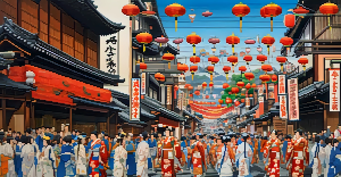A lively street scene of the Gion Matsuri festival in Kyoto, featuring large decorative floats and people in traditional clothing.