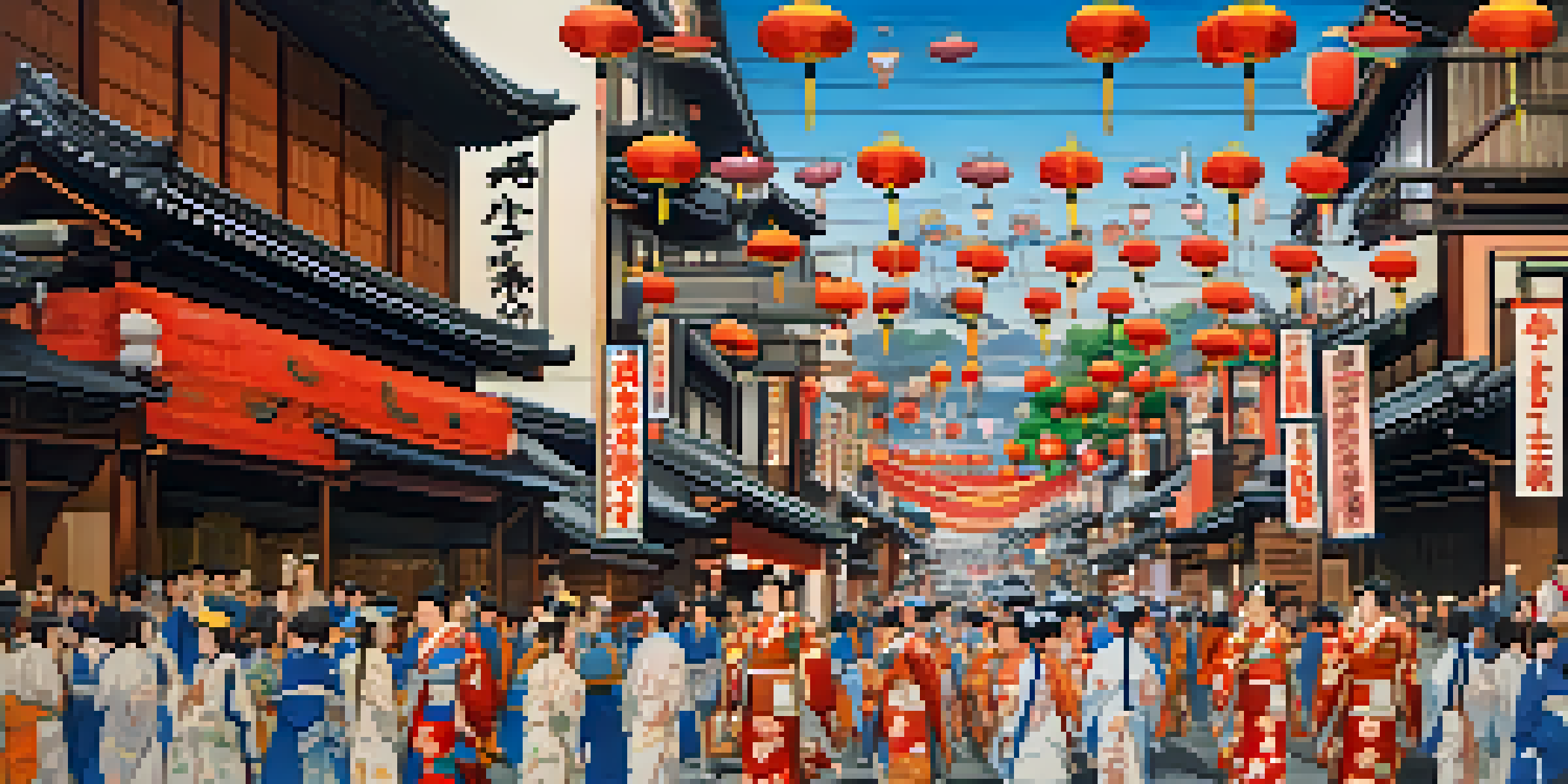 A lively street scene of the Gion Matsuri festival in Kyoto, featuring large decorative floats and people in traditional clothing.