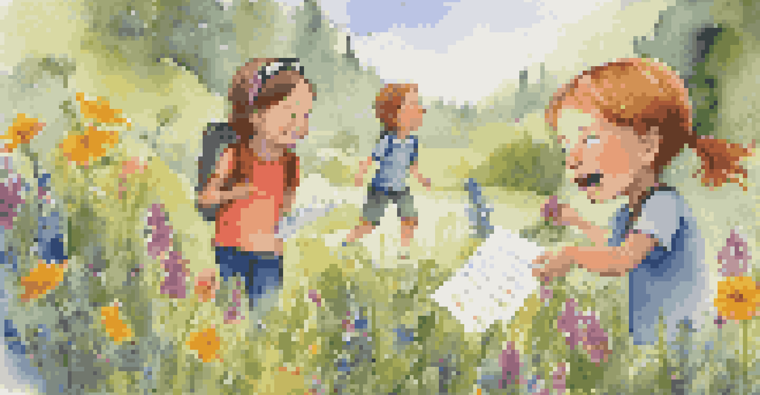 A child holding a scavenger hunt list amidst colorful wildflowers, with family members exploring in the background.