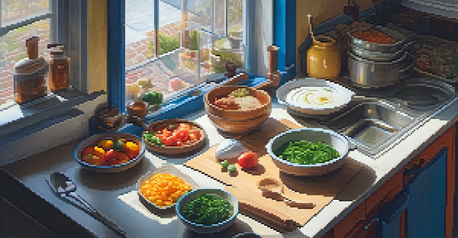 A student cooking in a cozy kitchen, with colorful ingredients spread out, focused on preparing a traditional dish, illuminated by soft light.