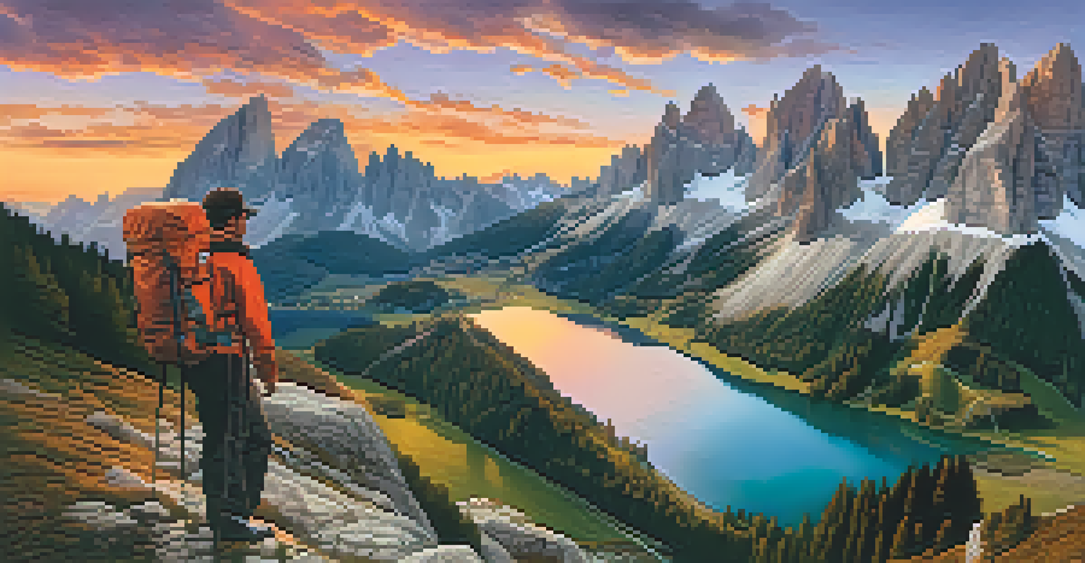 A hiker overlooking the stunning Dolomites at sunset, with cliffs and serene lakes.