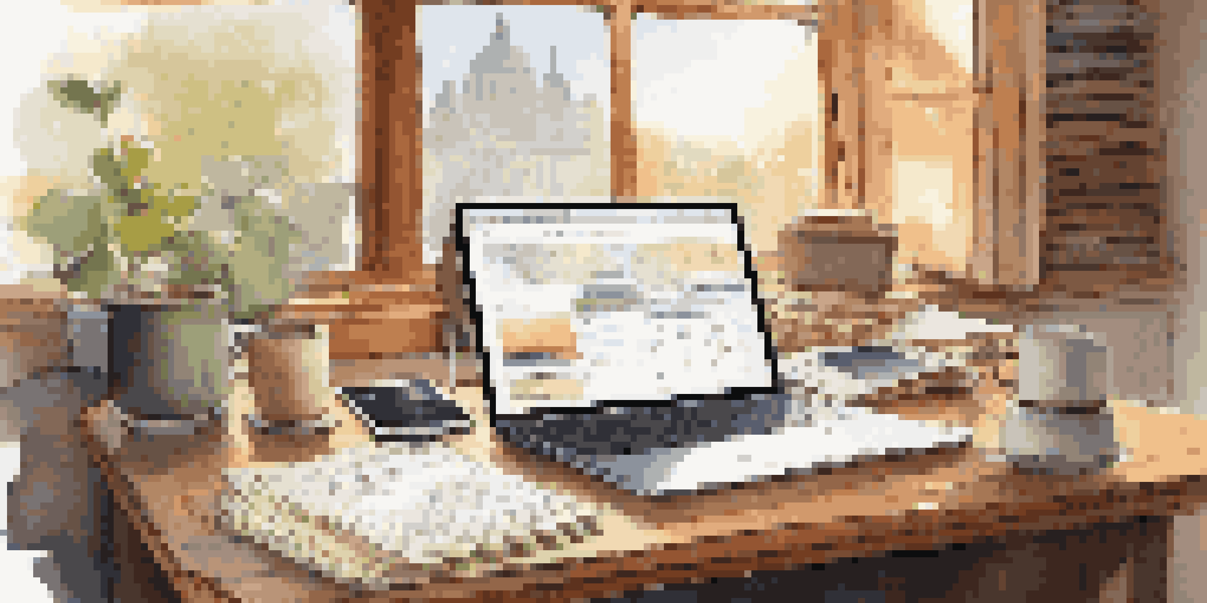 A warm and inviting workspace with a laptop displaying a budgeting app, a cup of coffee, and travel brochures scattered around.