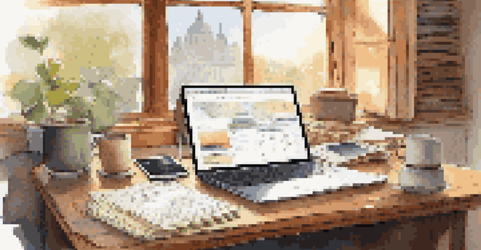 A warm and inviting workspace with a laptop displaying a budgeting app, a cup of coffee, and travel brochures scattered around.