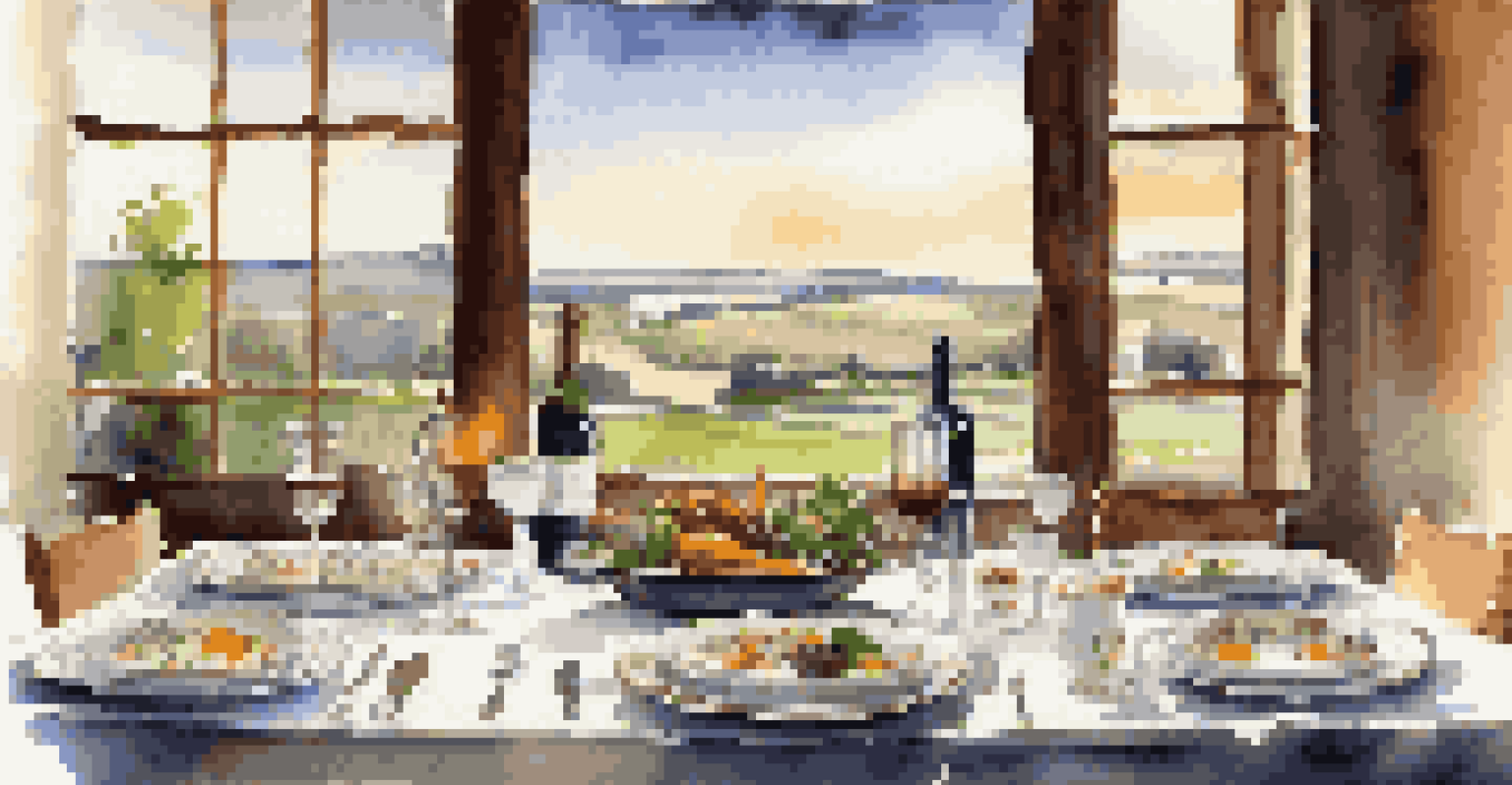 An elegant dining table set with fine china in Bordeaux, featuring a bottle of Merlot and duck confit, with a picturesque countryside view.