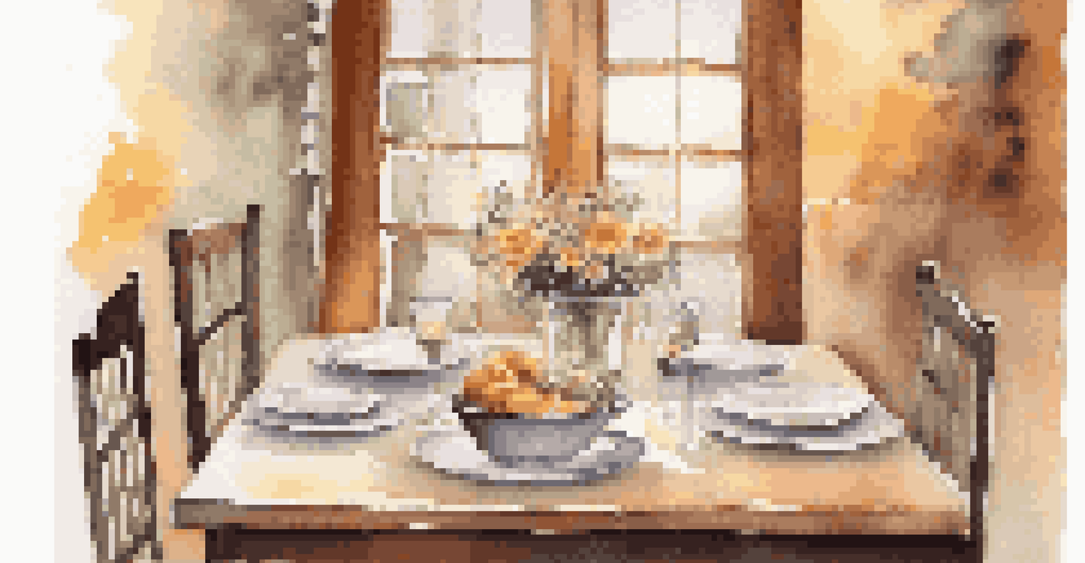 A beautifully set dining table for two with a delicious meal, drinks, and a small flower arrangement, illuminated by soft candlelight.