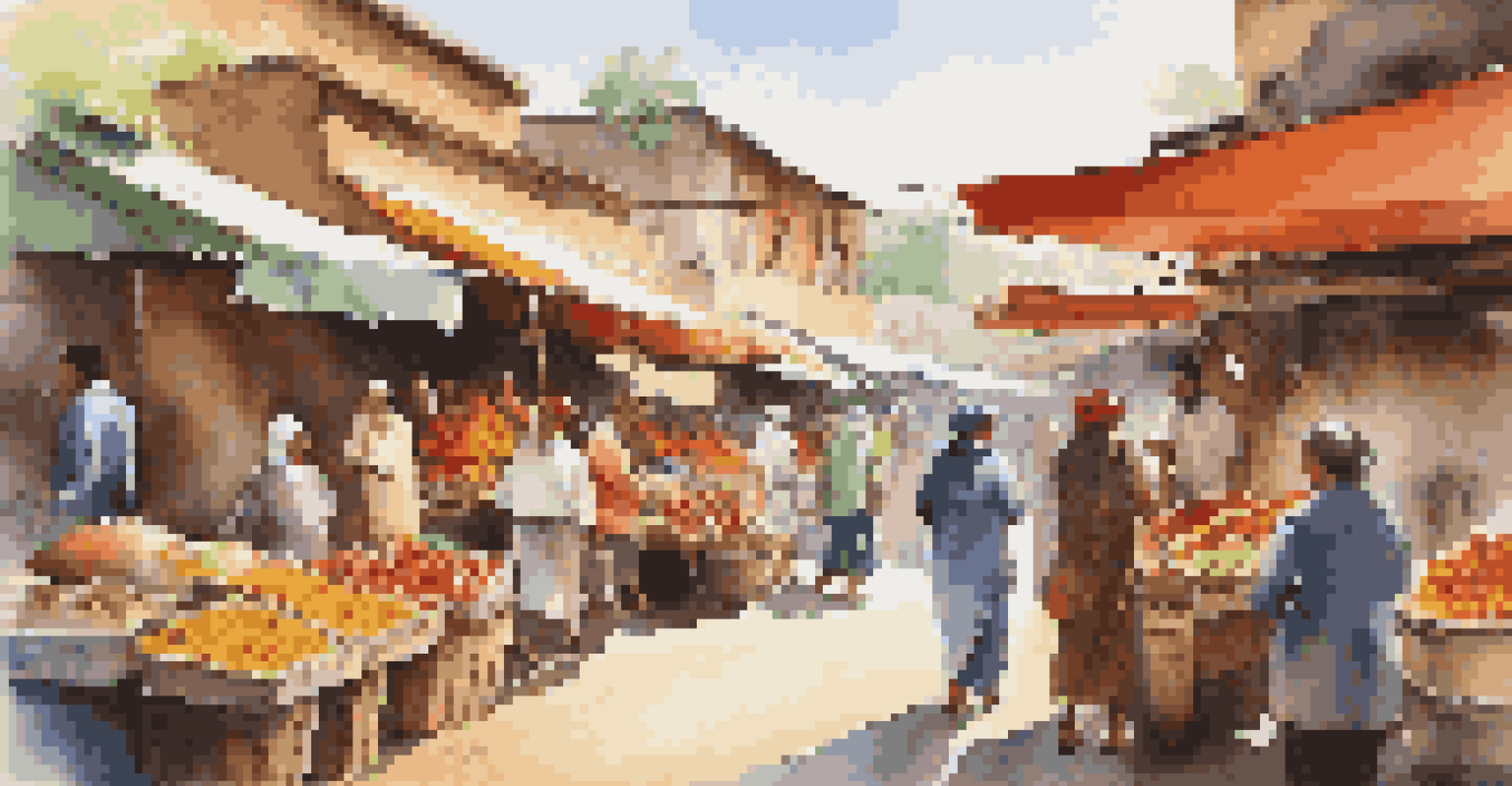 A lively local market with colorful stalls, vendors selling handmade crafts and fresh produce, and tourists engaging with locals, highlighting cultural exchanges.