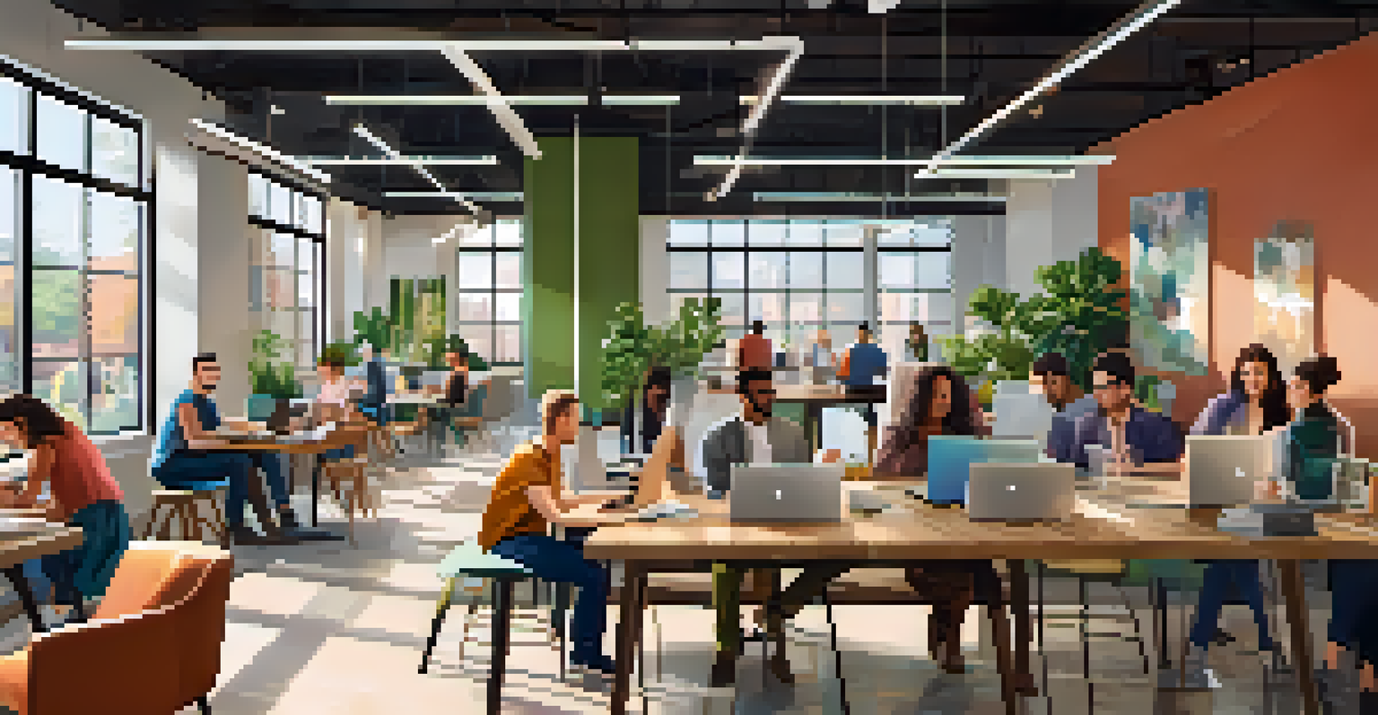 A vibrant co-working space with remote workers collaborating and working at laptops in a bright environment.