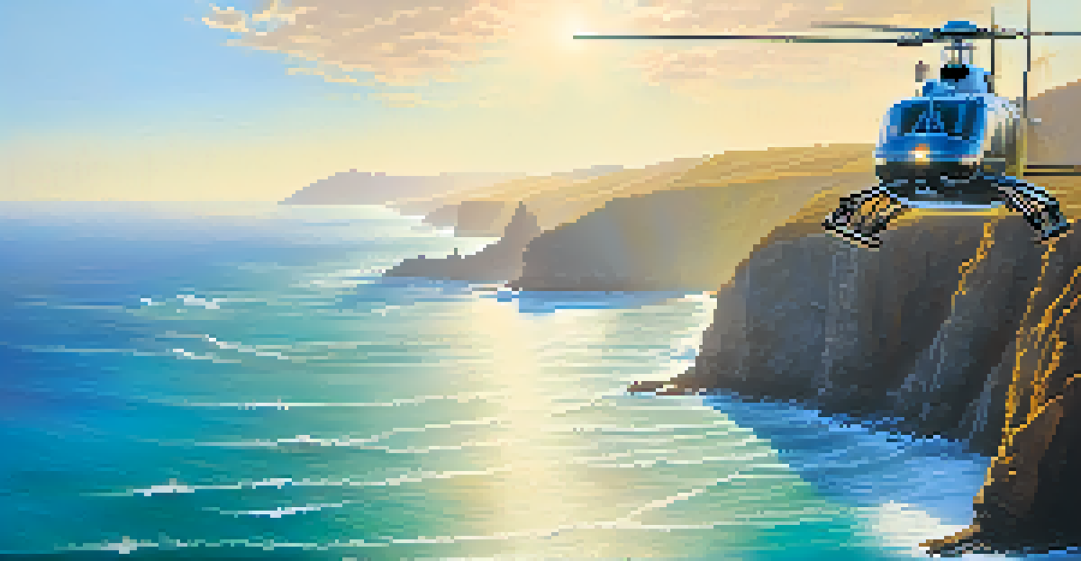 A helicopter view over a beautiful coastline with cliffs and turquoise waters, captured in bright sunlight.