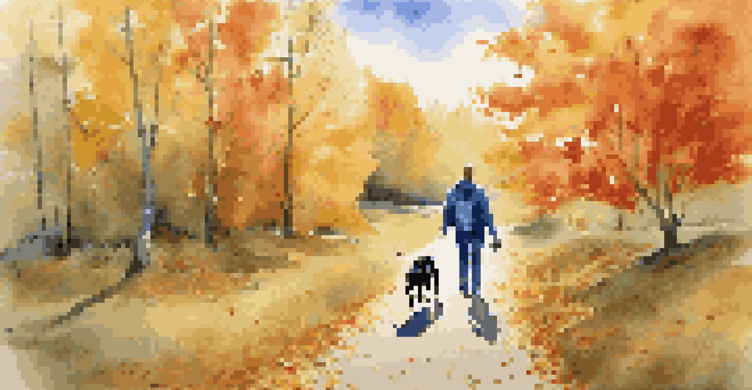 A pet owner walking a dog on a trail in autumn, with colorful leaves and a blue sky.