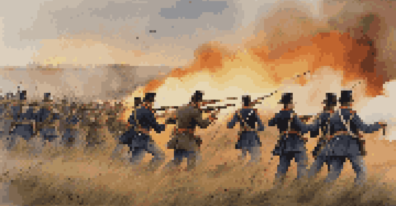 Civil War reenactors in period uniforms participating in a mock battle with cannon smoke and a sunset in the background.