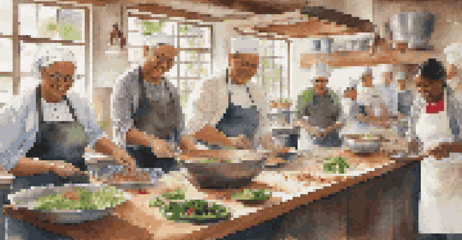 A cooking class with participants learning to prepare traditional dishes, surrounded by fresh ingredients and bright natural light.