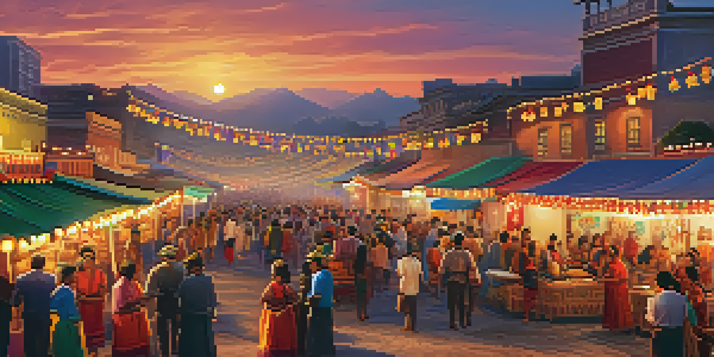 A lively festival with dancers in traditional attire, colorful decorations, and food stalls under a sunset sky.