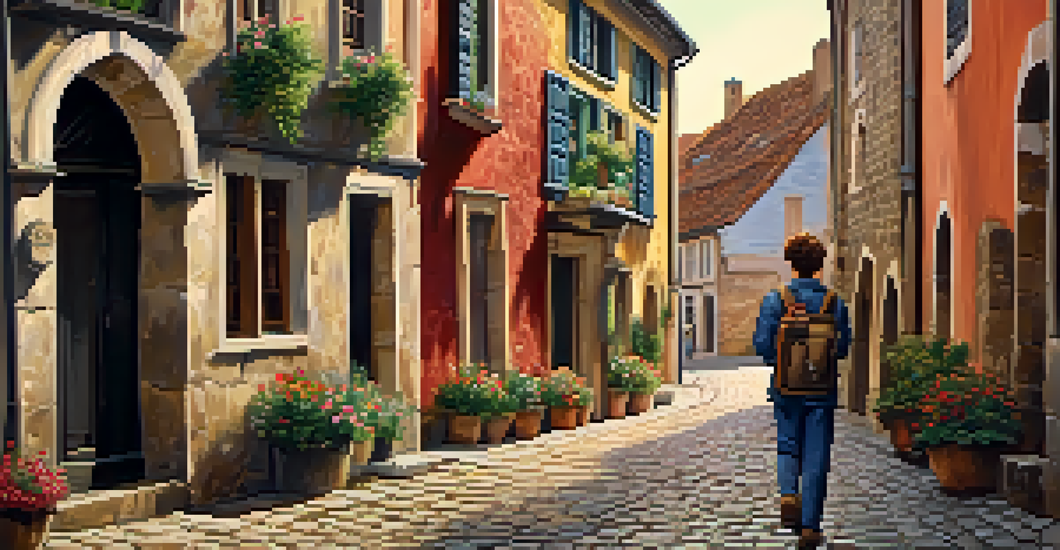 A traveler exploring a narrow cobblestone street in a colorful European town, carrying a small backpack.