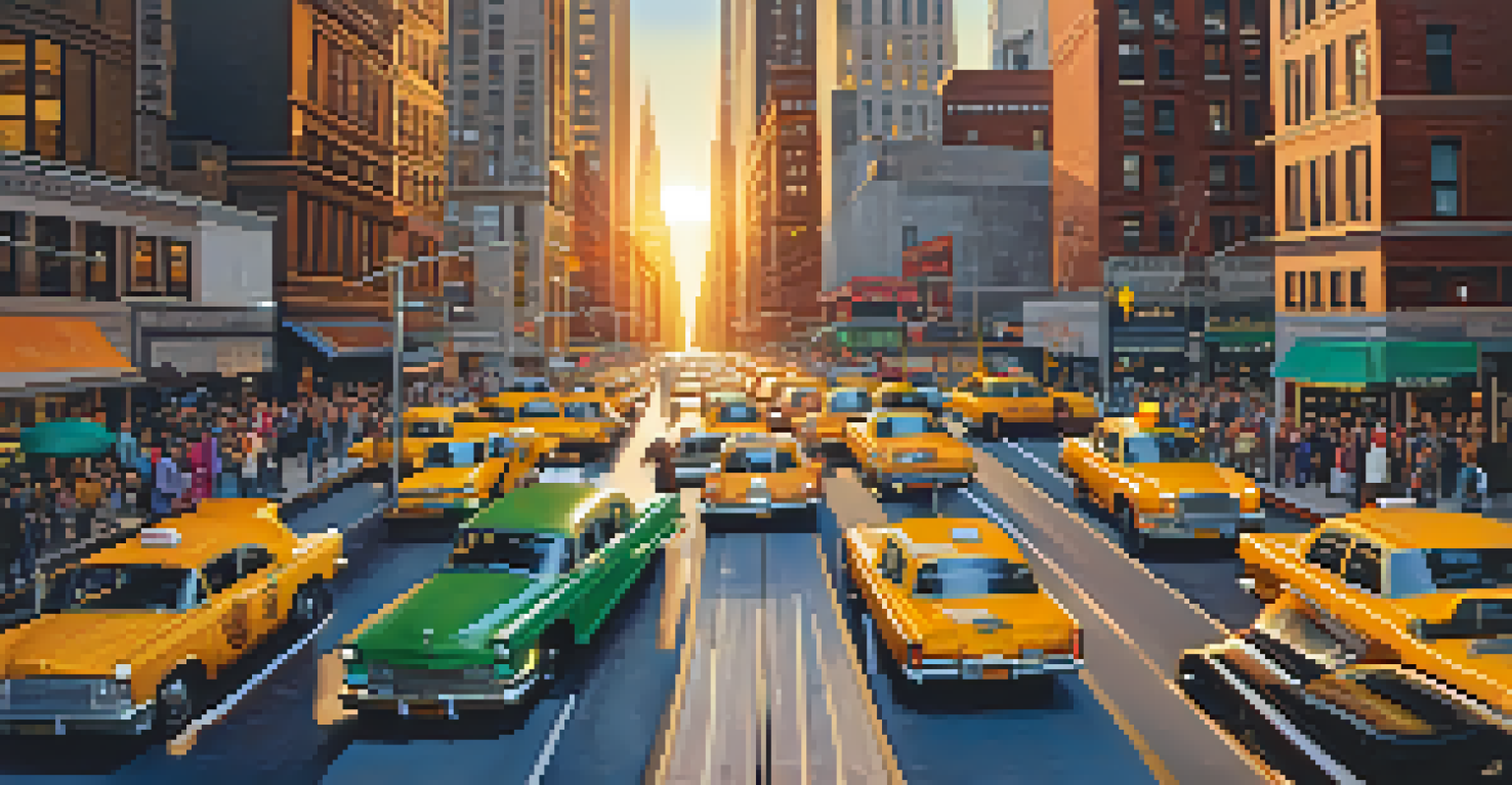 An aerial view of New York City streets filled with traffic and pedestrians, with skyscrapers in the background and a sunset glow illuminating the scene.