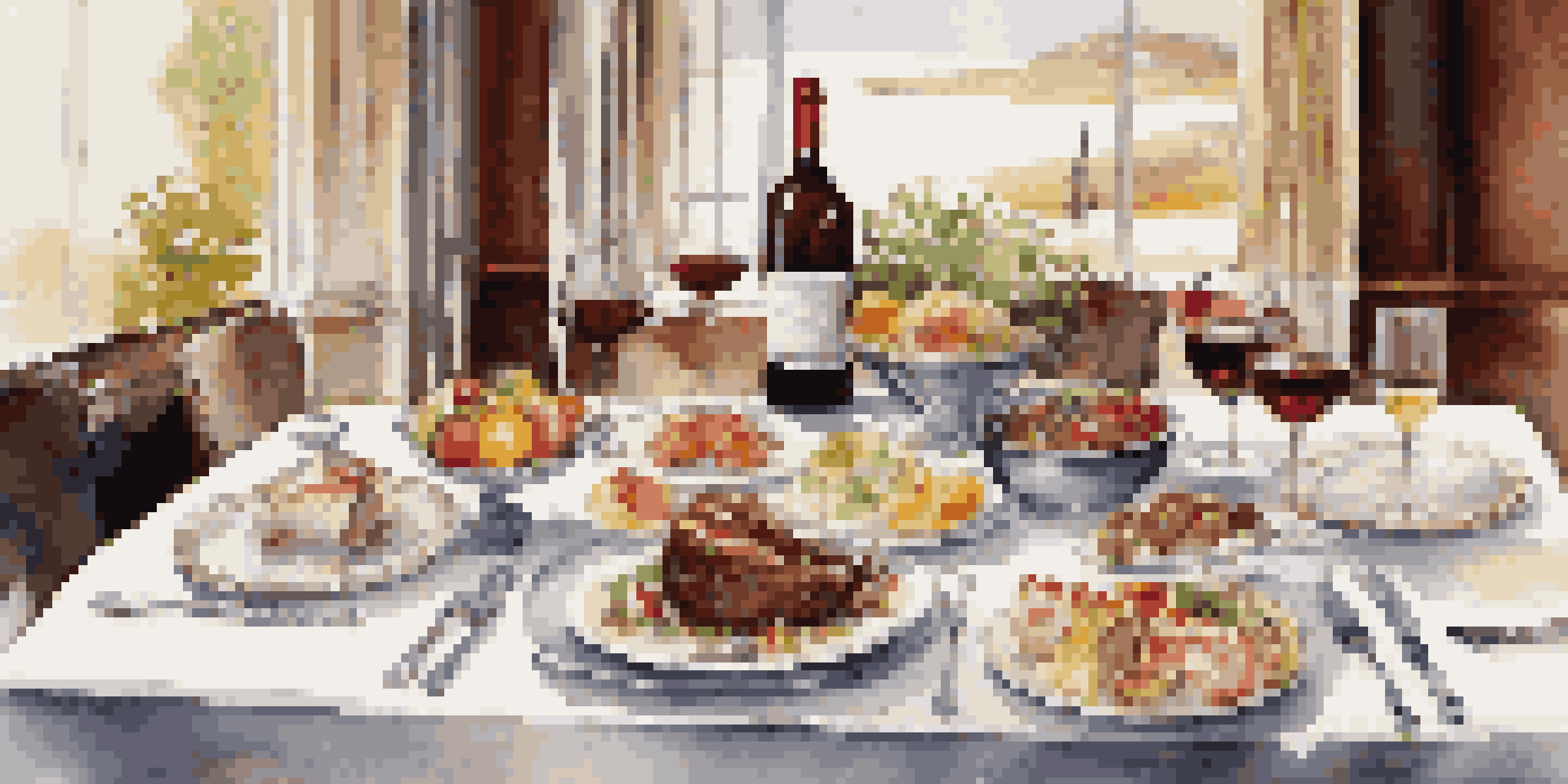 A gourmet dining table with various dishes and drinks, showcasing a steak with red wine, seafood with white wine, and a dessert with dessert wine, all under warm lighting.