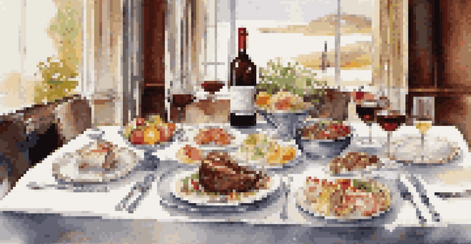 A gourmet dining table with various dishes and drinks, showcasing a steak with red wine, seafood with white wine, and a dessert with dessert wine, all under warm lighting.