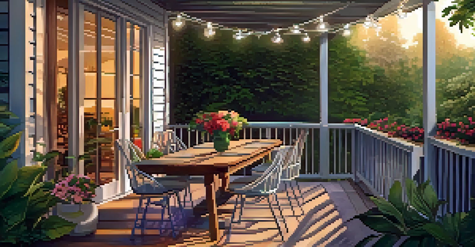 A charming outdoor patio area with a wooden table and chairs, surrounded by greenery and illuminated by string lights at sunset.