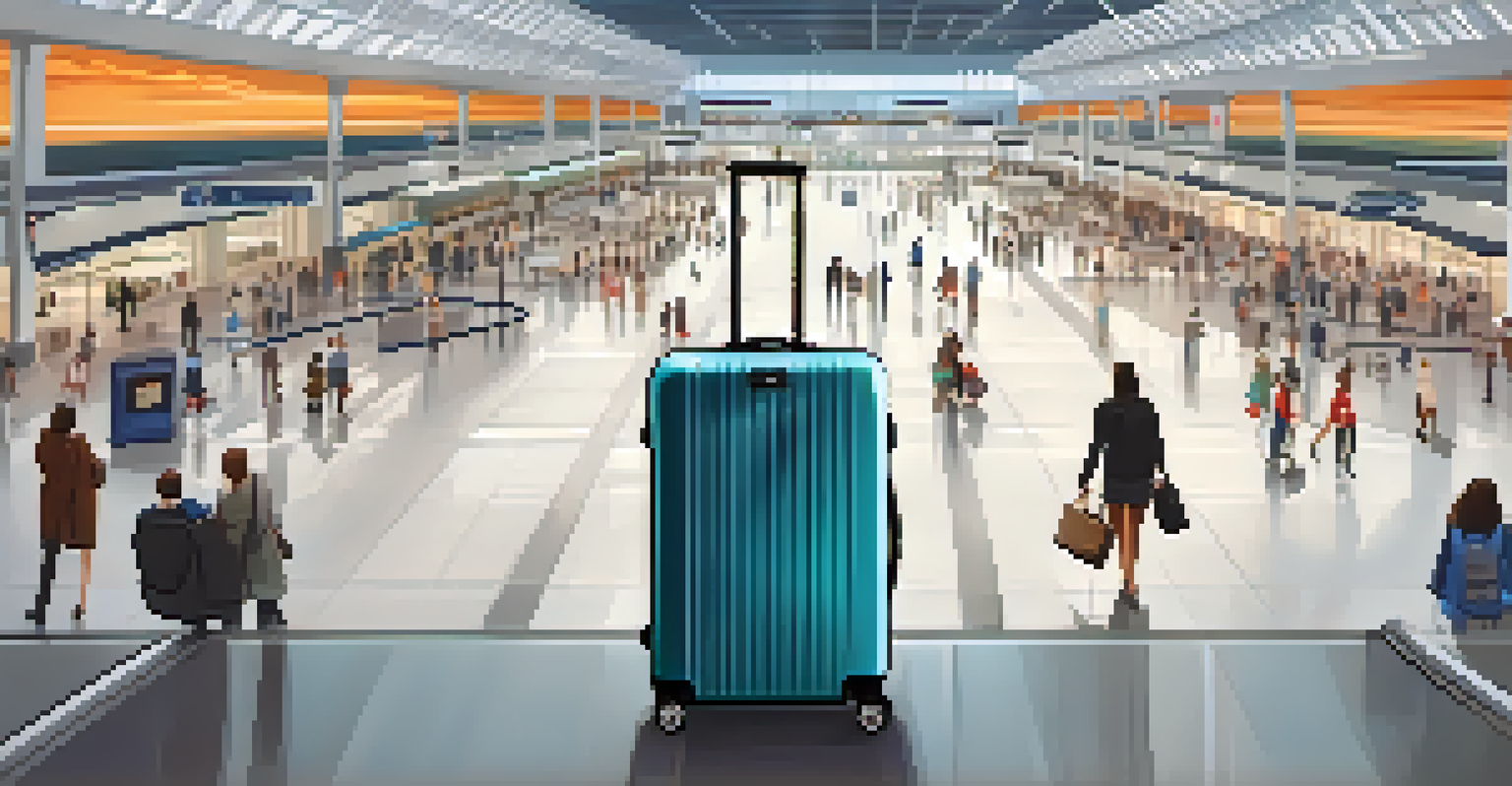 A smart suitcase with a smartphone showing GPS tracking in a busy airport.