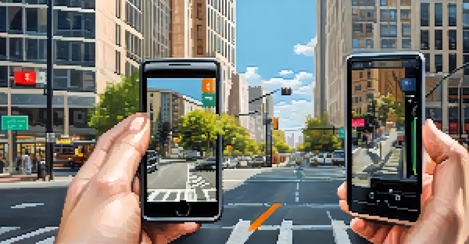A person at a busy city street corner looking at a smartphone with a navigation app, surrounded by tall buildings and traffic.