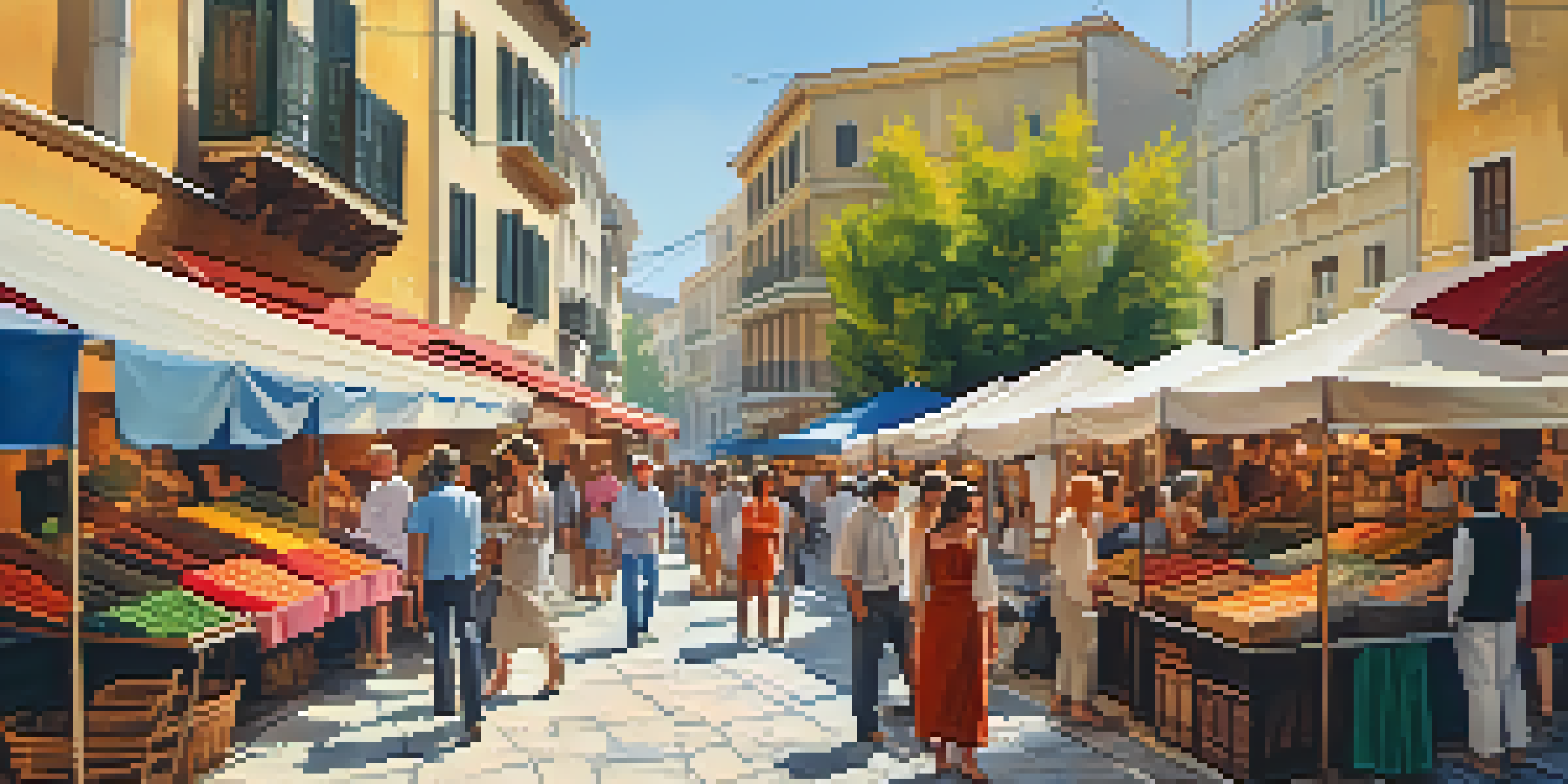 A vibrant market scene in Monastiraki, Athens, showcasing colorful stalls and bustling shoppers against a backdrop of ancient architecture.