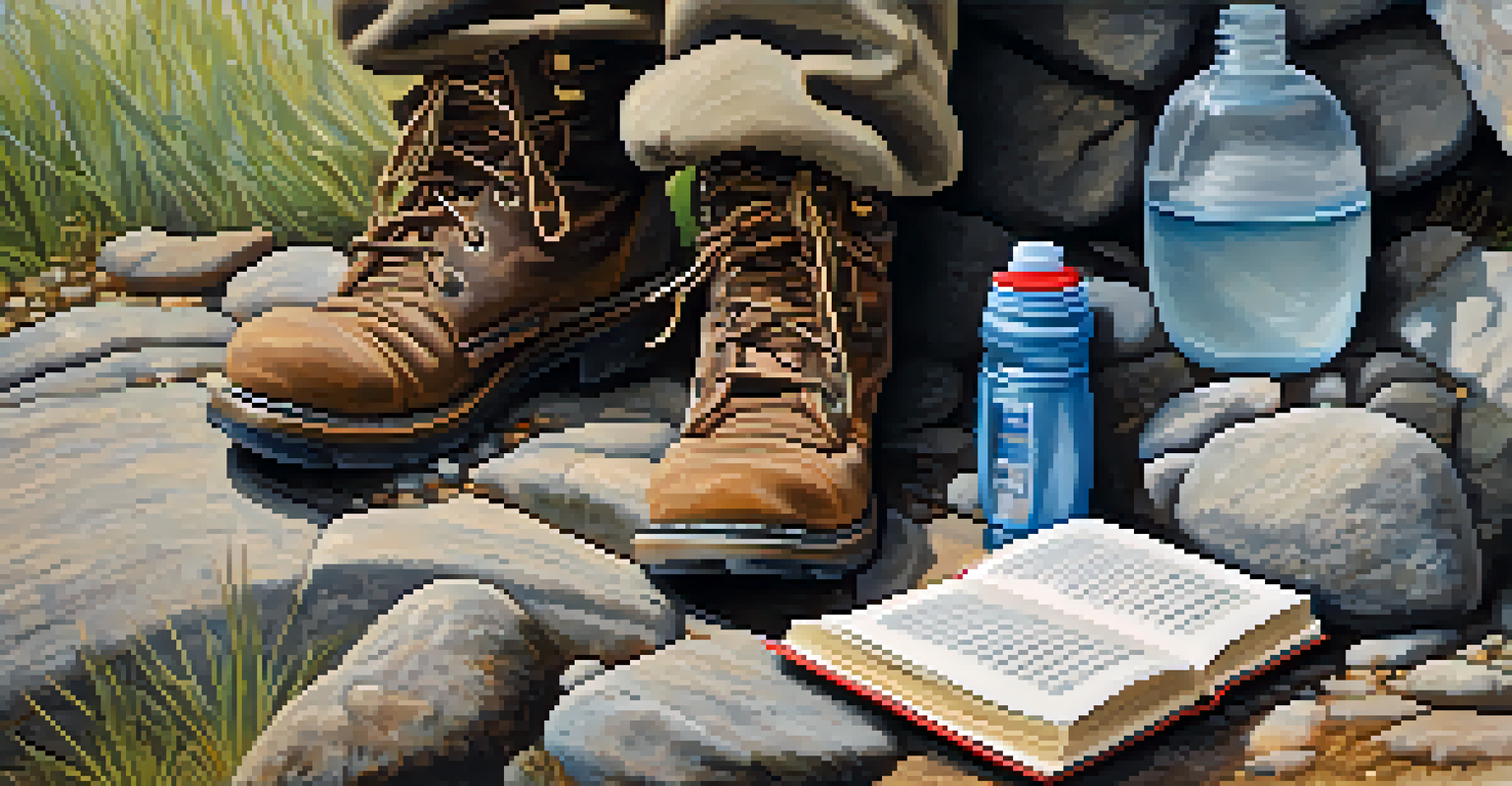 Close-up of a pilgrim's feet on a rocky trail with a journal and water bottle beside them.